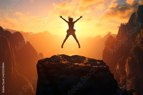 Successful woman joy when reaches to her objective. Woman jump on top of the mountain with arms open to a welcoming new day with sunrise, Generative AI © David