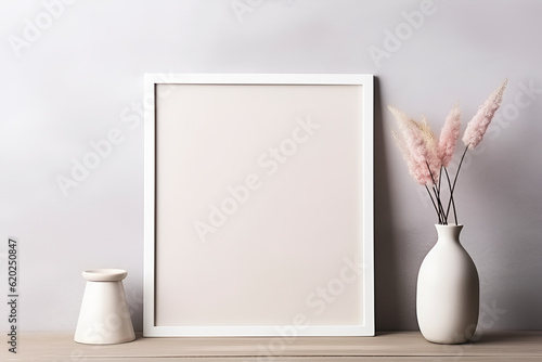 Generative AI. minimalistic aesthetic, Scandi design concept. frame for your text with vases in greige color. mock up and interior style. 