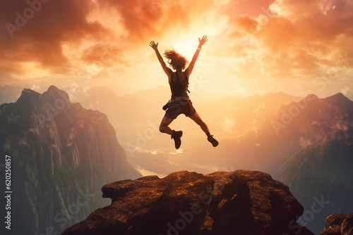 Successful woman joy when reaches to her objective. Woman jump on top of the mountain with arms open to a welcoming new day with sunrise, Generative AI