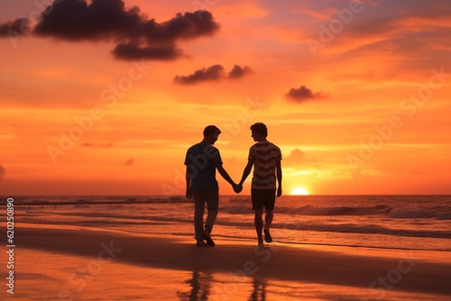 A gay romantic couple, two men, walks in the beach at sunset. Concept: The best romantic plan for your honeymoon or saint valentine's day. Generative ai