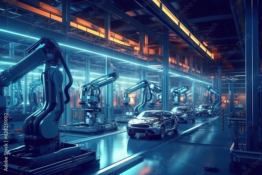Automated Robot Arm Assembly Line Manufacturing High-Tech Green Energy Electric Vehicles. Concept: Automatic Welding Industrial Production Conveyor. Generative ai