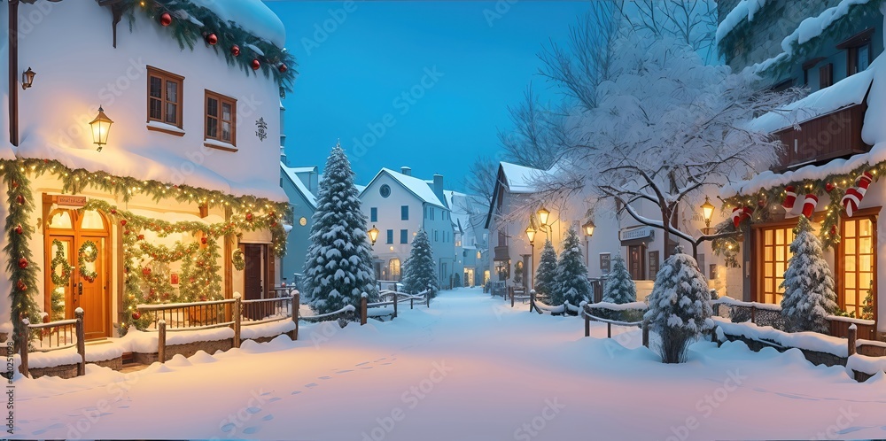 Winter landscape. Empty streets decorated for Christmas.