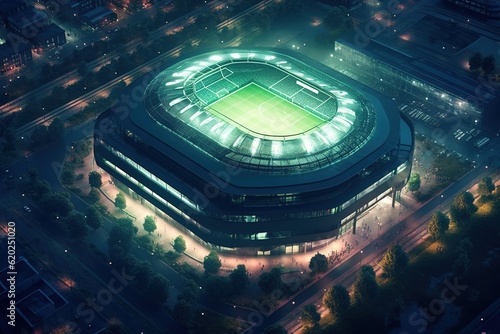 A European soccer stadium at night from the air. Concept  An important Champions League playgame night. Generative ai.