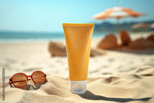 Sunscreen lotion, sunglasses on sandy beach as background. Generative AI