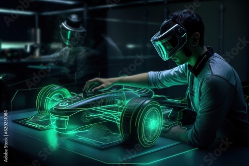 An engineer designing a f1 car using augmented reality and viewing the car as a projection or hologram in high-tech laboratory. Concept: The future of designing and engineering. Generative ai.