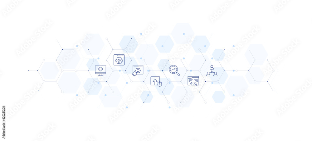 Seo banner vector illustration. Style of icon between. Containing monitor, online service, optimization, people.