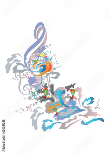 Abstract musical design with a treble clef and colorful splashes, notes and waves.  Colorful treble clef. Hand drawn vector illustration.