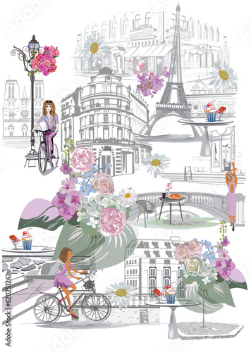 Set of Parisian symbols with the Eiffel tower, fashion girls and  lettering Bonjour,   fashion girls in hats, architectural elements. Hand drawn vector illustration.