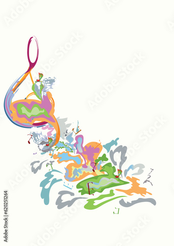 Fototapeta Naklejka Na Ścianę i Meble -  Abstract musical design with a treble clef and colorful splashes, notes and waves.  Colorful treble clef. Hand drawn vector illustration.