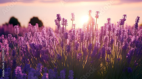 French lavender flowers field at sunset. AI generated