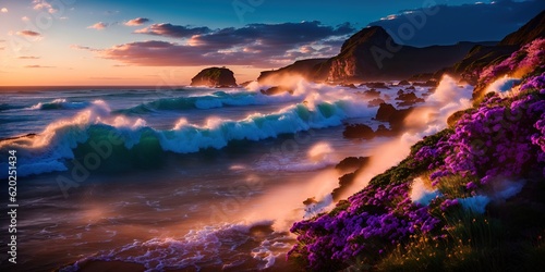 Sunset on a wild sea beach. Waves and sea surf against the backdrop of mountains and flowers.