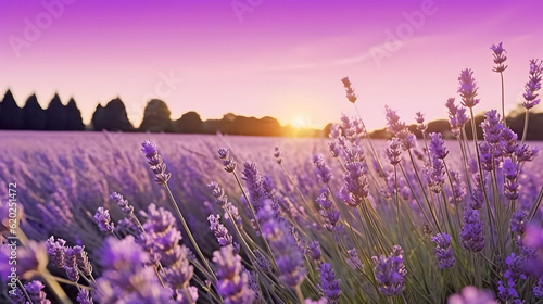 French lavender flowers field at sunset. AI generated