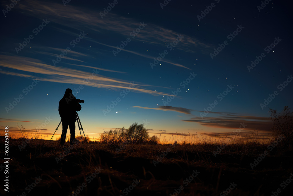 Capturing the Magic: Silhouette of a Photographer with a Tripod Photographing the Evening Dusk and Mesmerizing Sunset

