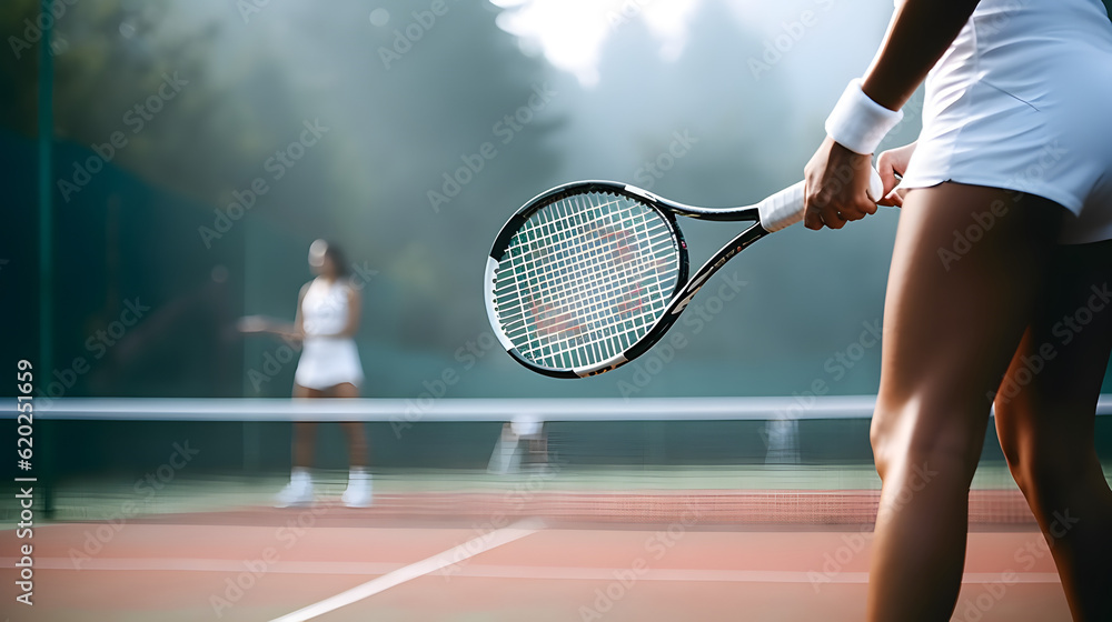 Young woman playing tennis during a match. AI generated