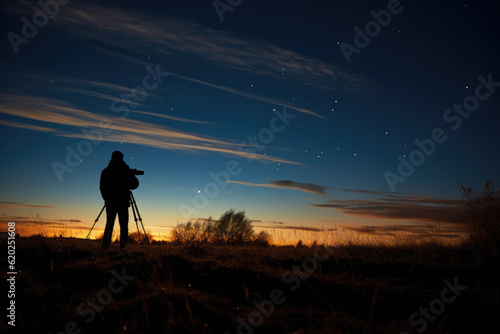 Capturing the Magic: Silhouette of a Photographer with a Tripod Photographing the Evening Dusk and Mesmerizing Sunset