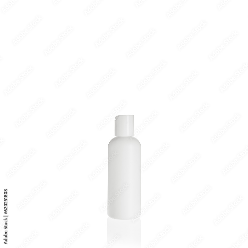White cylindrical medium PEHD bottle container with white plastic cap on white background. Template of a bottle for cosmetics and medical products. White cylindrical medium PEHD bottle container with white plastic cap on white background. Template of a bottle for cosmetics and medical products.