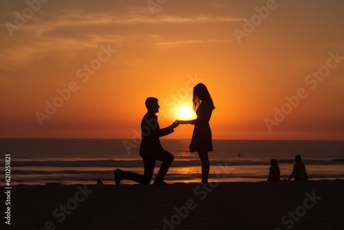 Silhouette of a couple in love in which the man asks the woman on his knees to marry him during a beautiful sunset on the beach. Concept of marriage proposal.