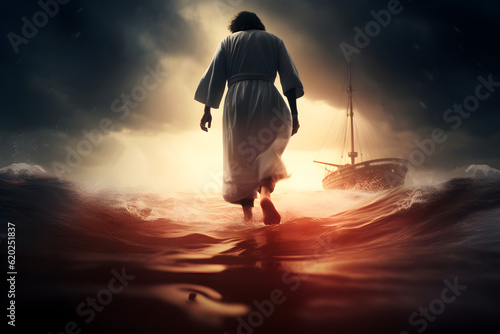 Leinwand Poster Jesus Christ walking towards the boat in the evening