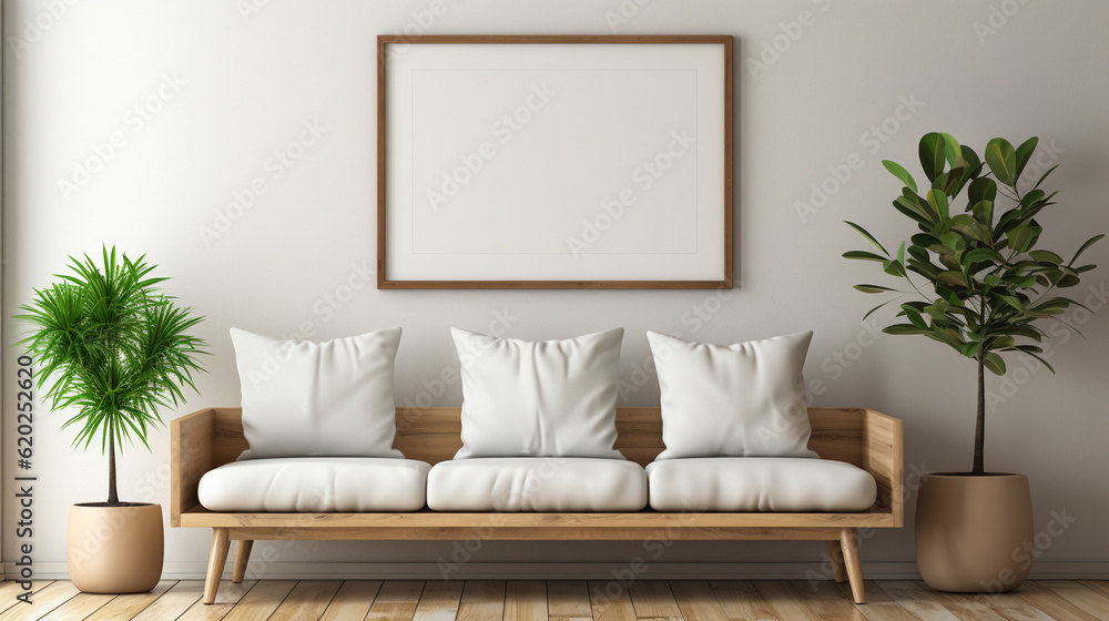 Fototapeta premium Wooden bench and blank poster frame. Generative Ai