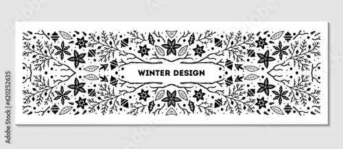 Luxury Christmas frame, abstract sketch winter floral design templates for xmas products. Geometric monochrome square, holly backgrounds with fir tree. Use for package, branding, decoration, banners