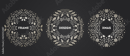 Luxury Christmas frame set, abstract sketch winter floral design templates. Geometric monochrome square, holly backgrounds with fir tree. Use for package, branding, decoration, banners