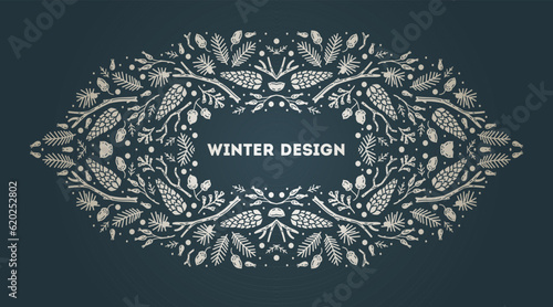 Luxury Christmas arabesque frame, abstract sketch winter floral design templates. Geometric monochrome square, holly backgrounds with fir tree. Use for package, branding, decoration, banners
