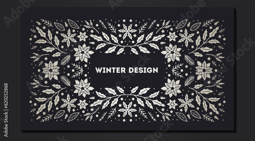 Luxury Christmas frame, abstract sketch winter floral design templates for xmas products. Geometric monochrome square, holly silver backgrounds with fir tree. Use for package, branding, decoration,