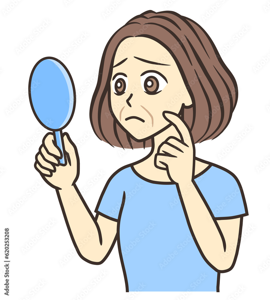 A woman looking at nasolabial folds in a hand mirror A woman looking at nasolabial folds in a hand mirror