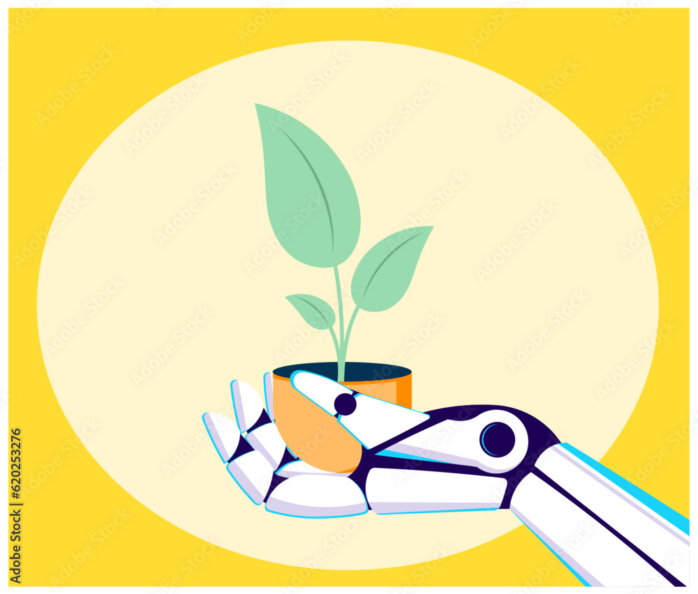 scene of a robot hand holding a potted plant, concept of AI taking care of the environment