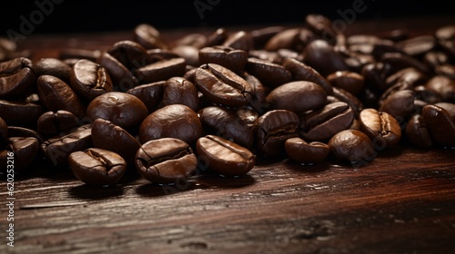 Roasted coffee beans on wood table