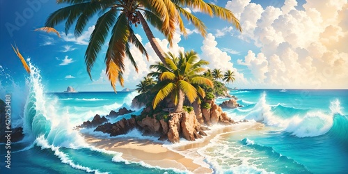 Palm tree on the shore in turquoise sea waves.