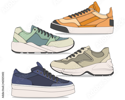 Set of shoes sneaker drawing vector, Sneakers drawn in a sketch style, bundling sneakers trainers template, vector Illustration.