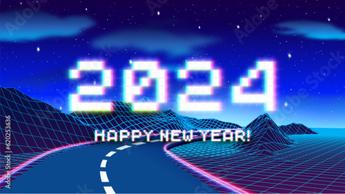 2024 New Year sign with glitched glowing pixels and road in 80s styled grid mountains. Winter holiday and year change symbol.