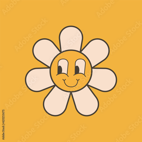 Groovy flower cartoon character. Funny happy daisy with eyes and smile in trendy retro trippy style. Isolated vector illustration. Hippie 60s, 70s style