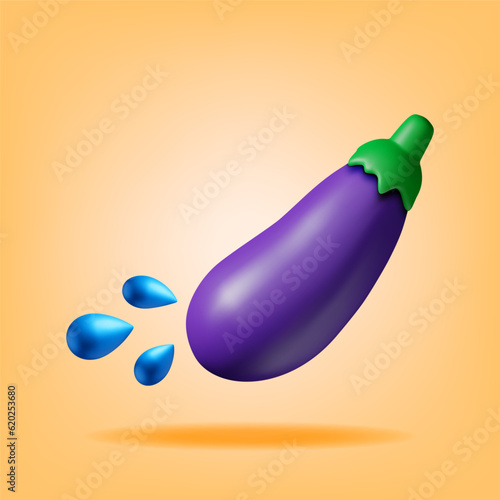 3D Fresh Eggplant with Green Leaves and Water Drops Isolated. Render Cartoon Eggplant Vegetable. Organic Healthy Food. Vegetarian Nutrition. Realistic Vector Illustration