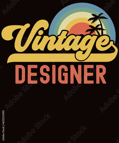 Vintage sunset with palm trees in retro color design with profession Designer as text