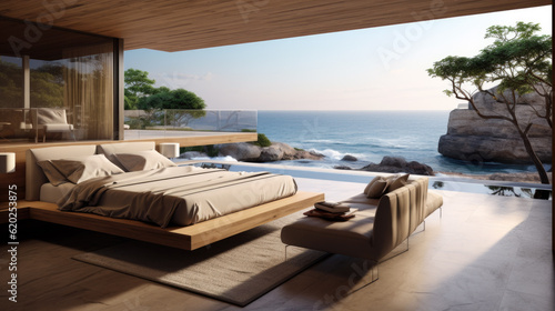 a bedroom with a bed and duvets on top of a luxury villa located directly on the beach. Generative AI © jr-art
