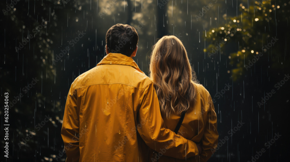 back view of a couple in love in rain jackets under the rain. Generative AI