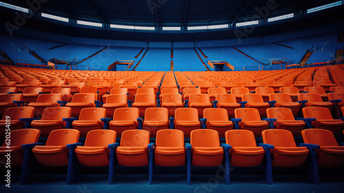 empty orange seats in a large sports stadium. Generative AI photo
