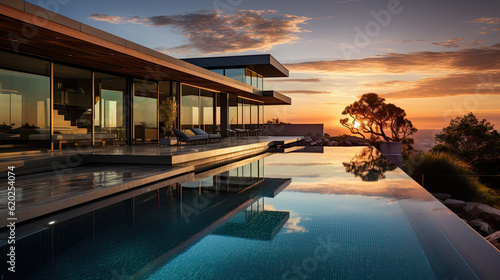 A beautiful, expensive, luxury villa with a large outdoor pool in the evening at sunset. Generative AI © jr-art