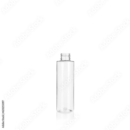 Transparent cylindrical PET bottle container. Packaging of antiseptic. Template of a bottle for cosmetics and medical products. Isolated on white background, copy space template, banner.