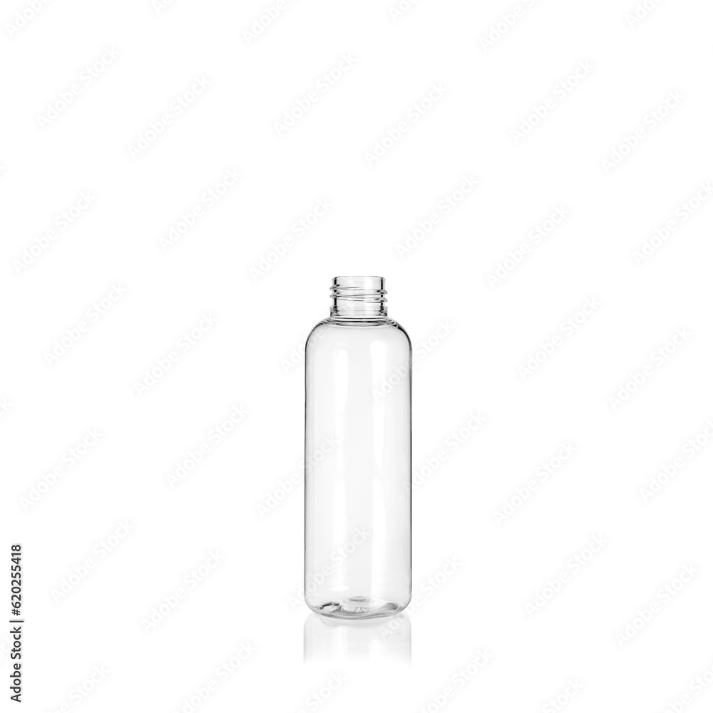 Transparent rounded cylindrical PET bottle container. Packaging of antiseptic. Template of a bottle for cosmetics and medical products. Isolated on white background, copy space template, banner. Transparent rounded cylindrical PET bottle container. Packaging of antiseptic. Template of a bottle for cosmetics and medical products. Isolated on white background, copy space template, banner.