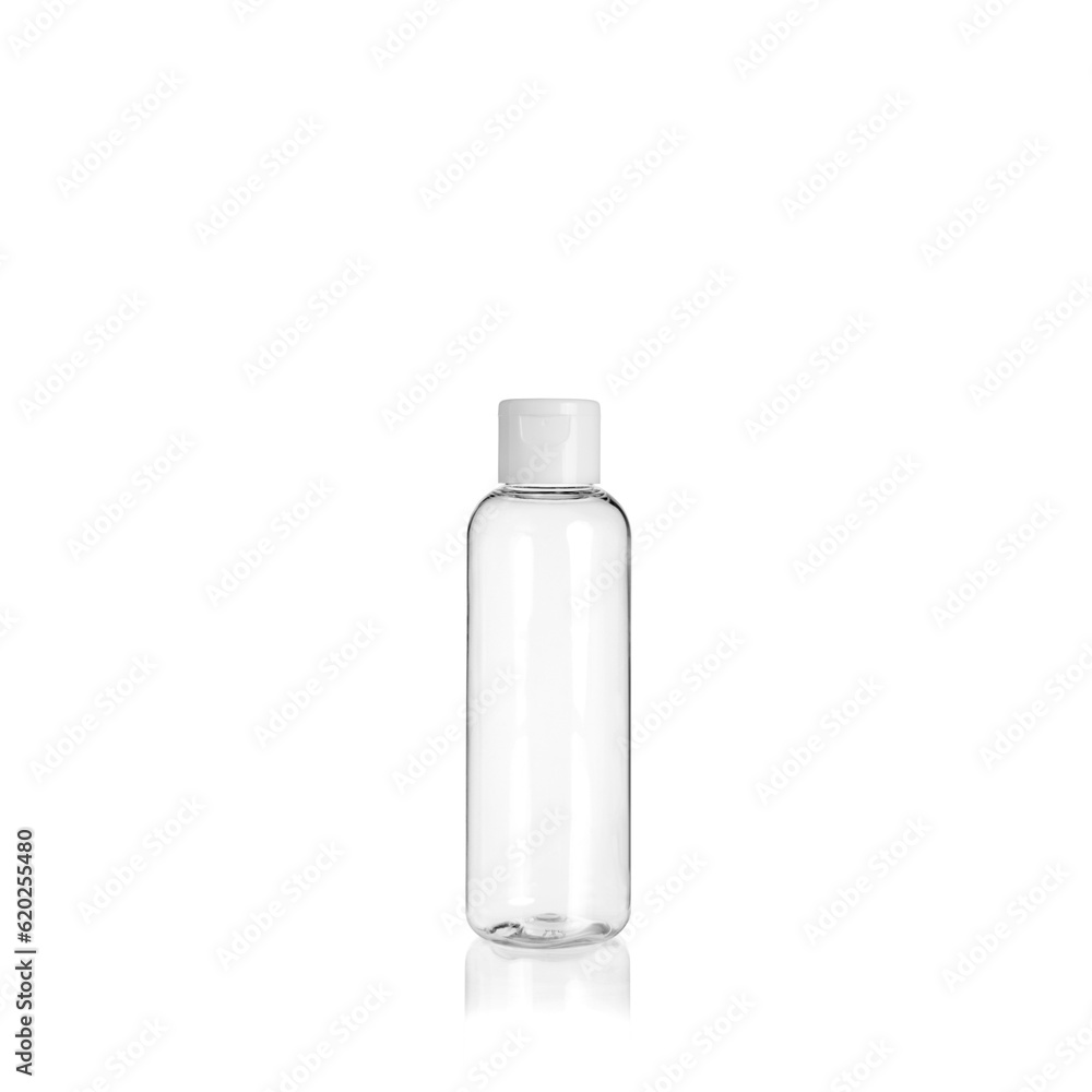 Transparent rounded cylindrical PET bottle container with orange spray pump on white background. Packaging of antiseptic. Template of a bottle for cosmetics and medical products. Transparent rounded cylindrical PET bottle container with orange spray pump on white background. Packaging of antiseptic. Template of a bottle for cosmetics and medical products.