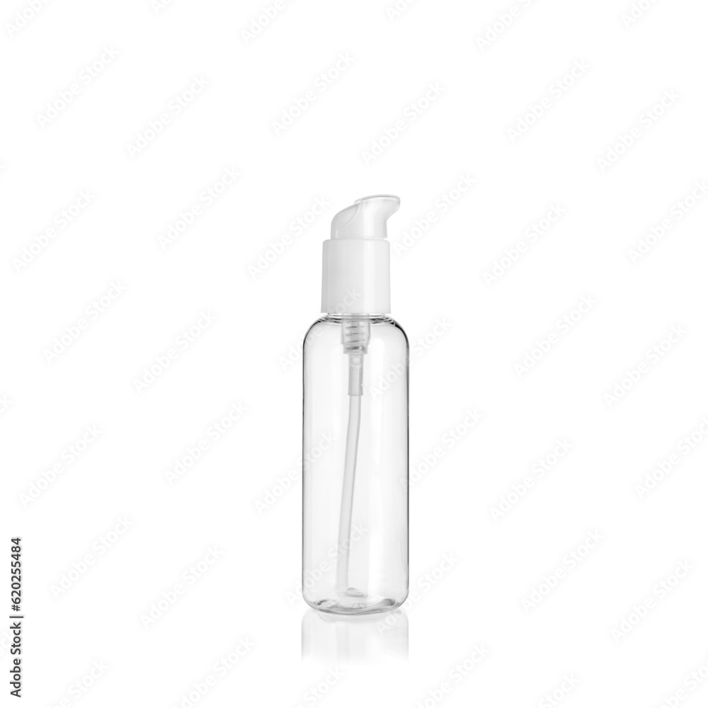 Transparent rounded cylindrical PET bottle container with white lotion pump on white background. Packaging of antiseptic. Template of a bottle for cosmetics and medical products. Transparent rounded cylindrical PET bottle container with white lotion pump on white background. Packaging of antiseptic. Template of a bottle for cosmetics and medical products.