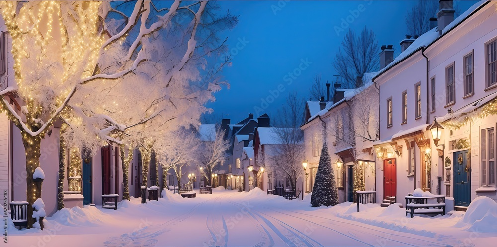 Winter landscape. Empty streets decorated for Christmas.