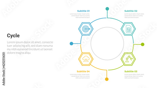 cycle or cycles stage infographics template diagram with honeycomb outline circular shape and 4 point step creative design for slide presentation