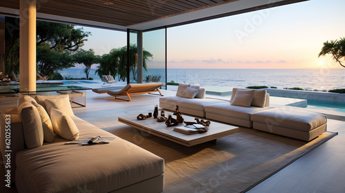 Leinwand Poster modern luxury living room with a couch in front of a large window overlooking the sea