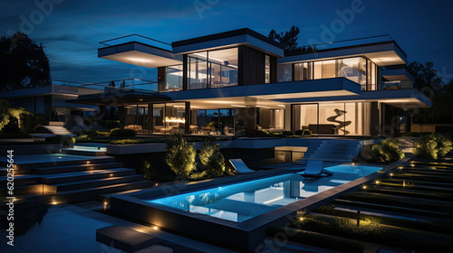 modern expensive luxury villa with a pool in front at dusk night. Generative AI © jr-art