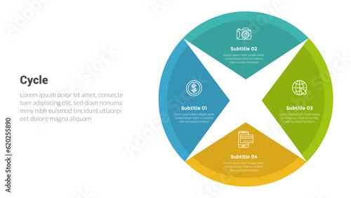 cycle or cycles stage infographics template diagram with small star light on circle shape and 4 point step creative design for slide presentation