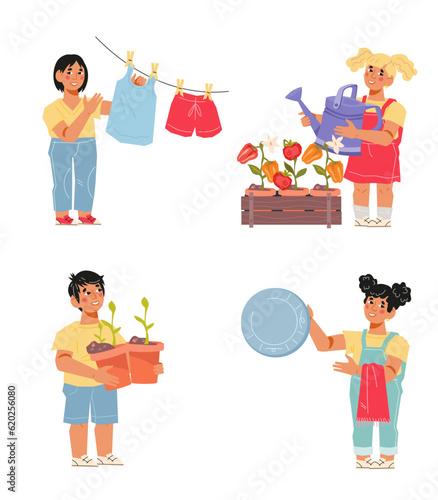 Children do various chores and help the adults with the housework. Teaching children to order and self-service in everyday life, flat vector illustration isolated on white background.